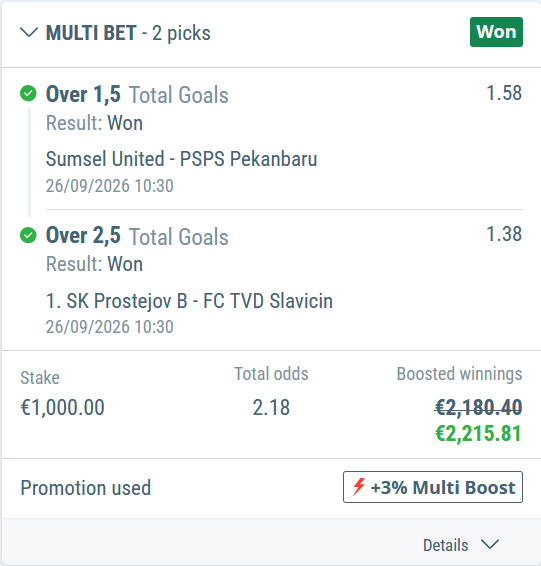Winning two-leg multi bet, 26 September 2026: Over 1.5 goals in Sumsel United v PSPS Pekanbaru and Over 2.5 goals in SK Prostejov B v FC TVD Slavicin, stake 1,000 euros at combined odds of 2.18